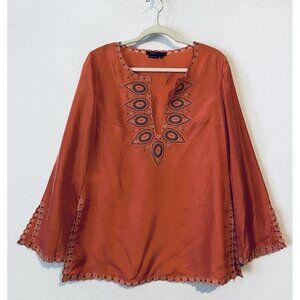BCBGMAXAZRIA Top Womens Small Coral Embroidered V Neck Bell Sleeve Silk Boho